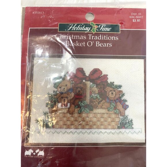 ⭐ 3/$15 Holiday Time Christmas Traditions Basket O Bears Cross Stitch Kit - Picture 2 of 3